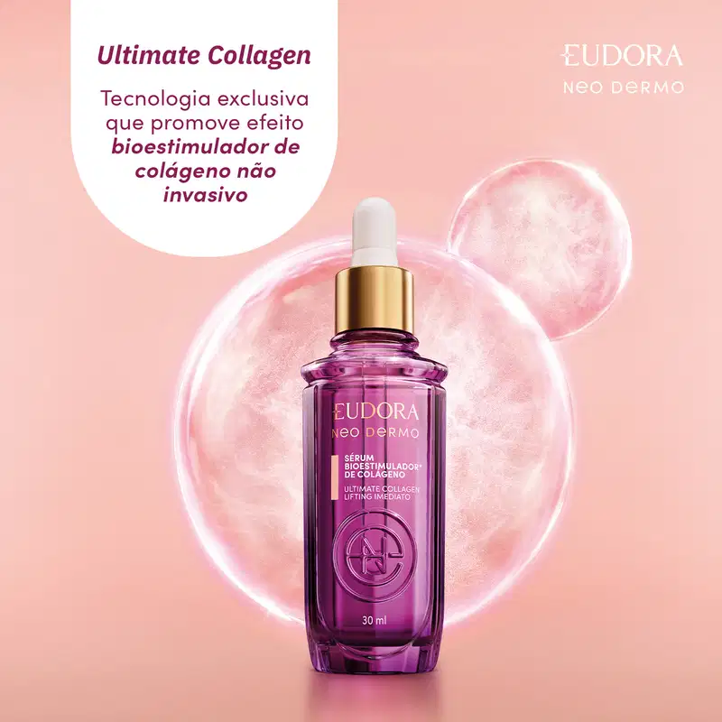 O Sérum Bioestimulador está no centro da imagem, que mostra umas bolhas atrás. Acima, temos escrito: Ultimate Collagen, tecnologia exclusiva que promove efeito bioestimulador de colágeno não invasivo.