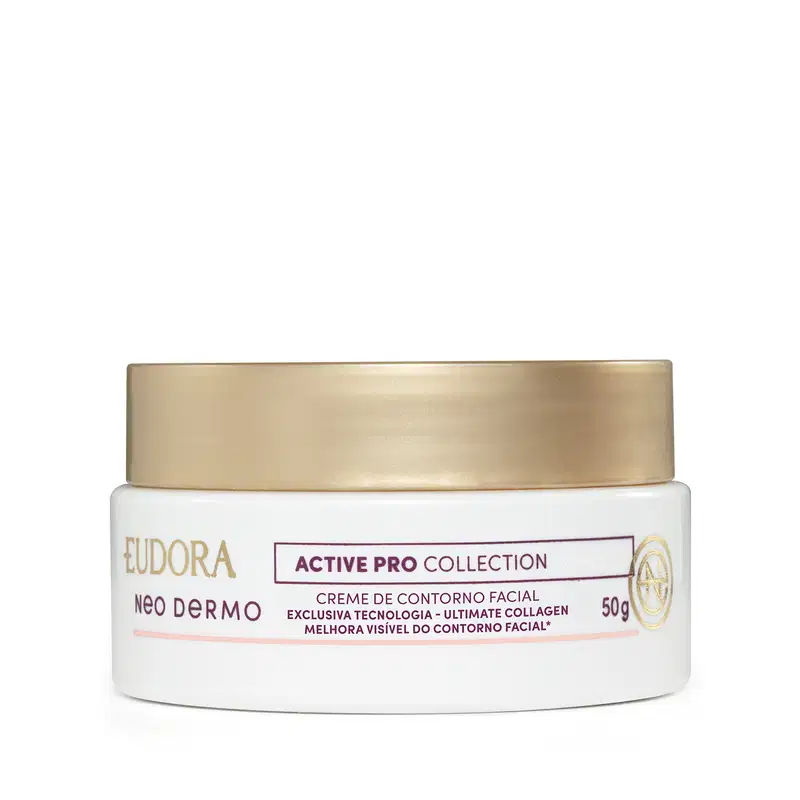 O produto apresentado é um creme de contorno facial da linha Neo Dermo da marca Eudora. A embalagem é um pote branco com uma tampa dourada
.