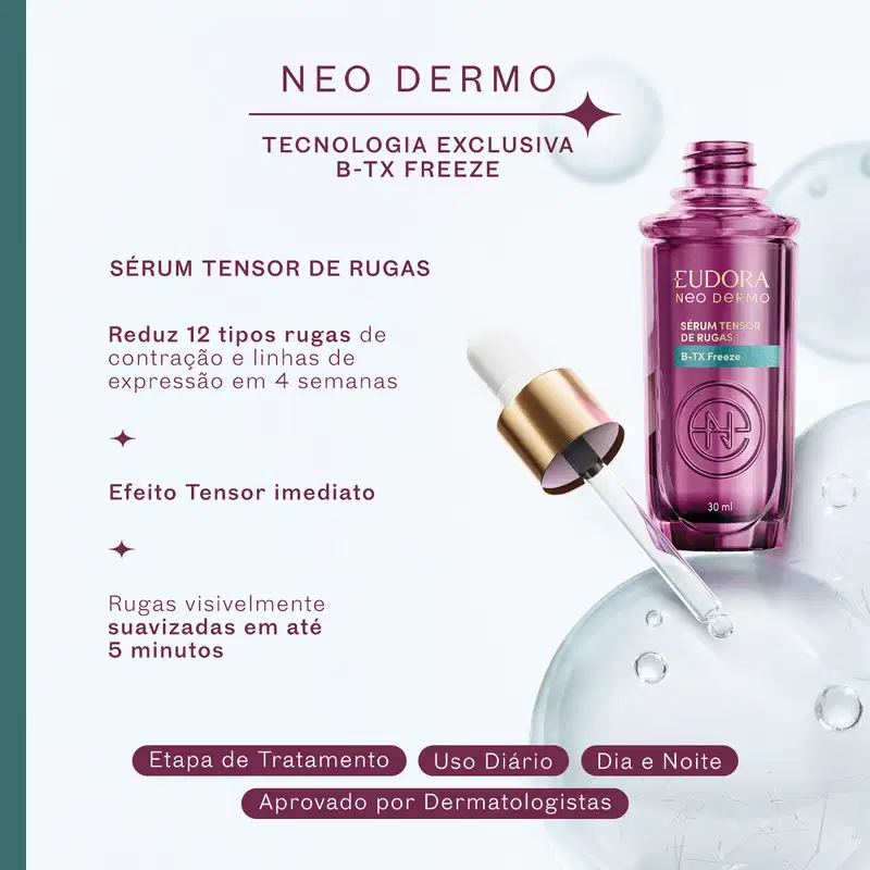 Card de benefícios do produto. Em texto: Tecnologia exclusiva B-TX Freeze, Reduz 12 tipos de rugas de contração e linhas de expressão, efeito tensor imediato. Indicação de uso diário, para etapa de tratamento, dia e noite e aprovado por dermatologistas.