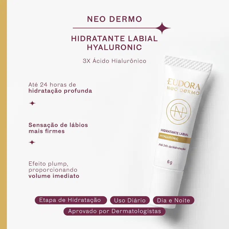 Card de benefícios do Hidratante Labial Hyaluronic. Em texto: 3x Ácido Hialurônico, 24h de hidratação, sensação de lábios firmes e efeito plump, promovendo volume imediato. Indicação de uso diário, dia e noite e aprovado por dermatologistas.