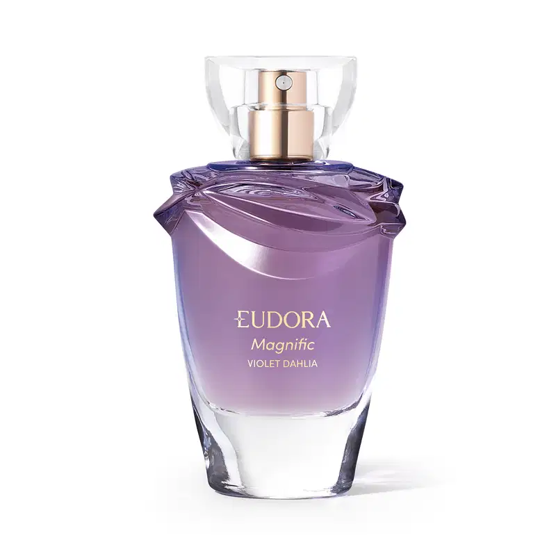 Frasco de  Eudora Magnific Violet Dahlia, com formato arredondado e tampa dourada, em embalagem de vidro transparente com tonalidade roxa.