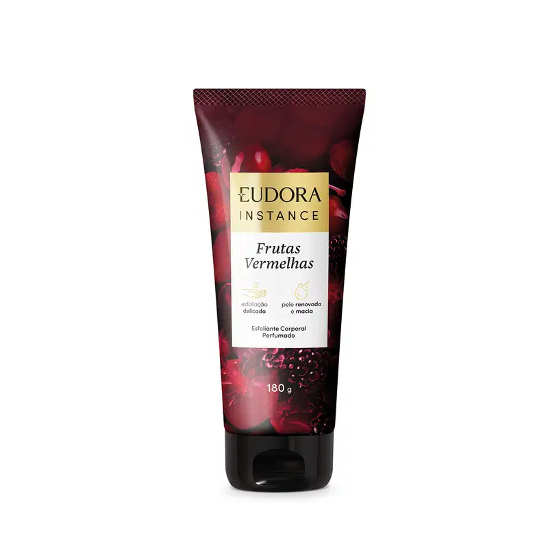 Tubo de esfoliante corporal perfumado da linha Instance da Eudora, com embalagem em tons de vermelho e dourado, destacando o nome do produto "Frutas Vermelhas".