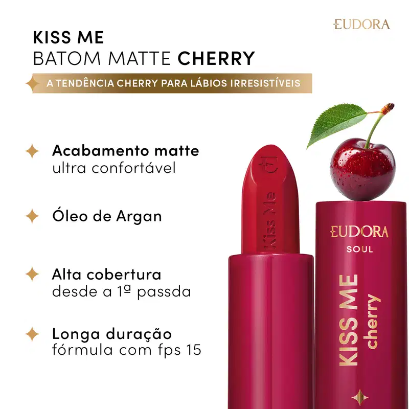 Card do Batom Matte Cherry, a tendência para lábios irresistíveis. Ao lado da imagem do produto, os dizeres: acabamento matte ultraconfortável; óleo de argan; alta cobertura desde a 1ª passada; longa duração; fórmula com FPS 15.