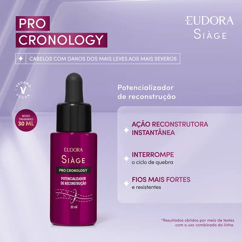 Card do produto potencializador de reconstrução da linha Pro Cronology da marca Eudora Siàge. Ao lado do produto, os dizeres: ação reconstrutora instantânea; Interrompe o ciclo de quebra; Fios mais fortes e resistentes.