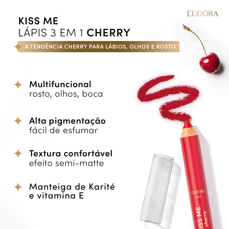 Lápis Multifuncional Vermelho Kiss Me Cherry 3 em 1 1,2g