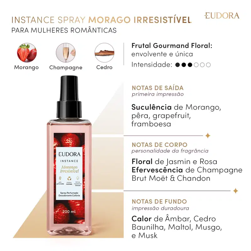 Card com a pirâmide olfativa do Spray Perfumado Instance Morango Irresistível: para mulheres românticas. Ao lado do produto, temos: Frutal Gourmand Floral: envolvente e única. Intensidade 3 de 6. E então a descrição das notas de saída, de corpo e de fundo