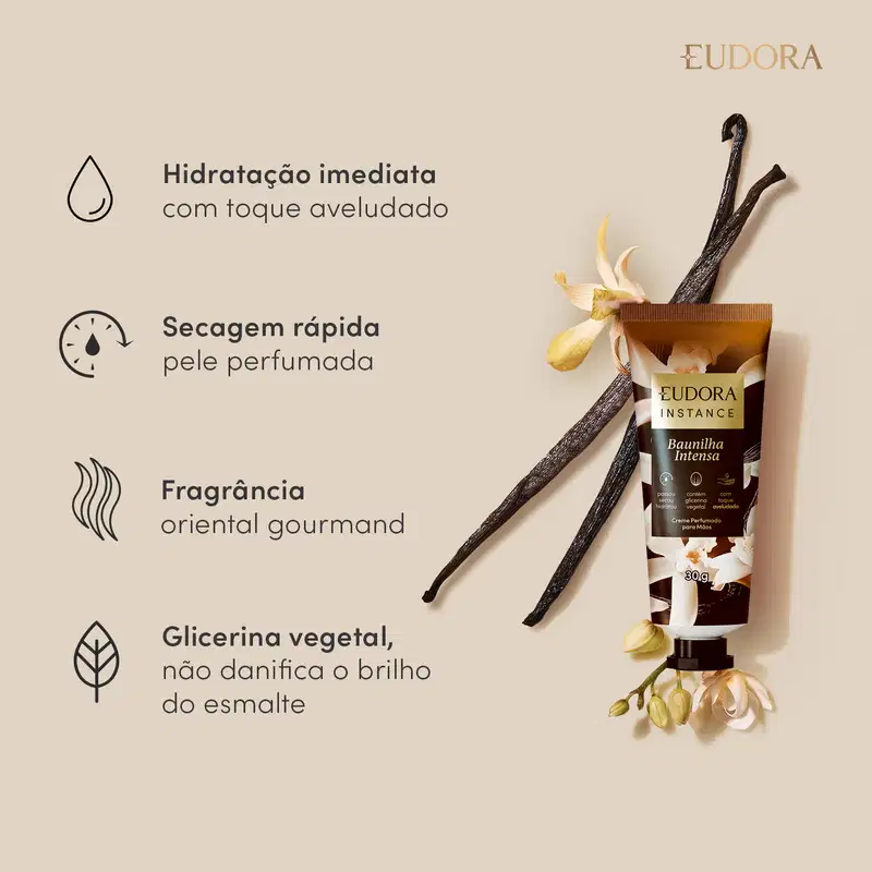 Card de benefícios. Imagem do produto com elementos de baunilha atrás. Ao lado, o texto: Hidratação imediata com toque aveludado; Secagem rápida, pele perfumada; Fragrância oriental gourmand; Glicerina vegetal que não danifica o brilho do esmalte.