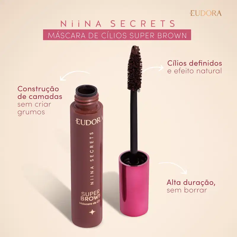 Máscara de cílios super brown: Cílios definidos e efeito natural, construção de camadas sem criar grumos, alta duração sem borrar.