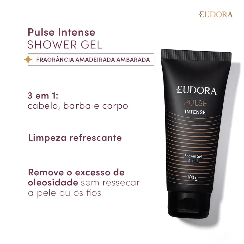 Card em texto: Pulse Intense SHOWER GEL: Fragrância amadeirada ambarada. 3 em 1: cabelo, barba e corpo. Limpeza refrescante. Remove o excesso de oleosidade sem ressecar a pele ou os fios.