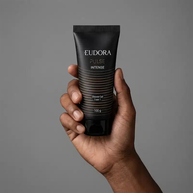 Embalagem preta e dourada do produto shower gel da marca Eudora, em um ambiente minimalista e monocromático, sendo segurado por uma mão masculina.