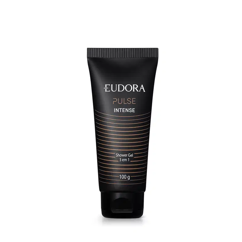 Frasco de gel de banho da marca Eudora, da linha Pulse Intense, com embalagem preta e detalhes em dourado. O produto é apresentado em tubo de 100g, com informações sobre sua composição e características impressas no rótulo.
