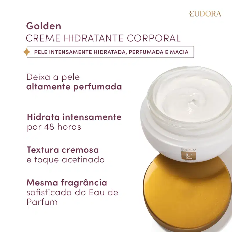 Frasco do produto aberto do lado direito da imagem, mostrando a textura. Do lado esquerdo, o texto: Deixa a pele altamente perfumada; Hidrata intensamente por 48 horas; Textura cremosa e toque acetinado; Mesma fragrância sofisticada do Eau de Parfum