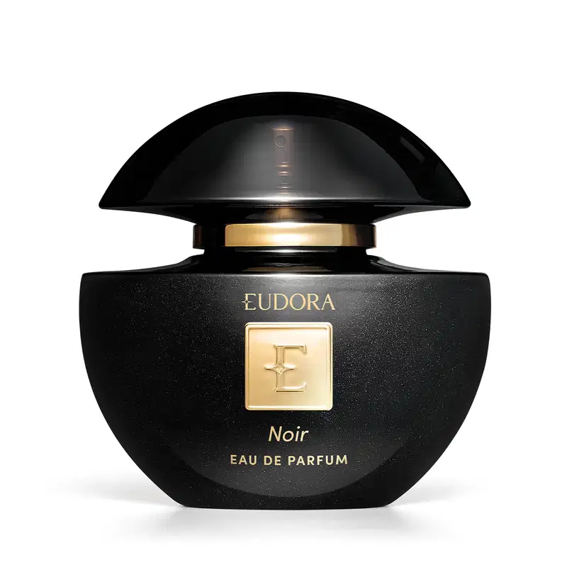 Frasco de Eudora Noir Eau de Parfum, com embalagem preta brilhante e detalhes dourados, incluindo o logotipo da marca e a indicação "Eau de Parfum" na parte frontal.