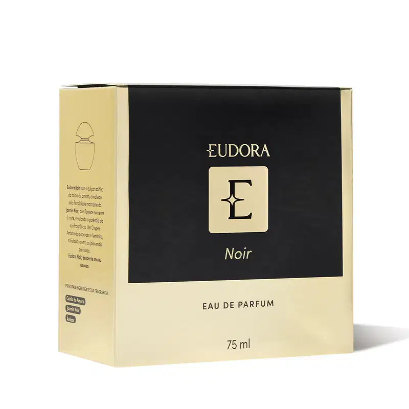Caixa preta e dourada da linha Eudora Noir, contendo frasco de perfume Eau de Parfum com 75 ml. O rótulo apresenta o logotipo da marca em dourado.
