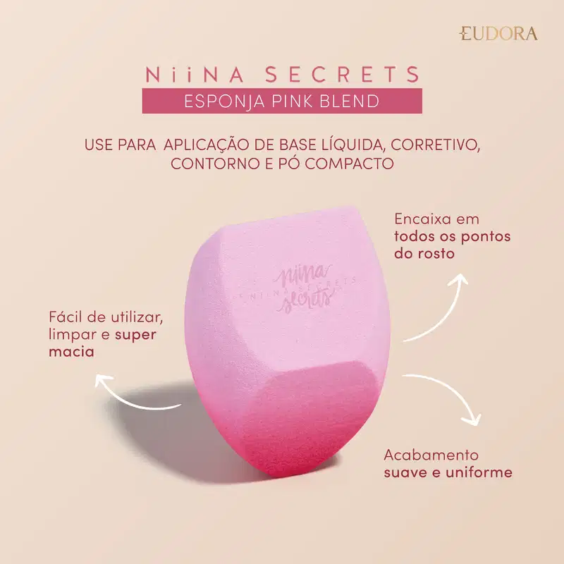 Card da Esponja Pink Blend: use para aplicação de base líquida, corretivo, contorno e pó compacto. Claims: encaixa em todos os pontos do rosto; fácil de usar, limpar e supermacia, acabamento uniforme e suave.