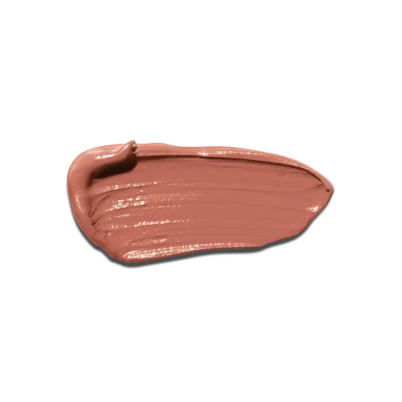 A textura do batom apresenta uma aparência brilhante e cremosa, com uma consistência suave e uniforme. A cor predominante é um rosado nude.