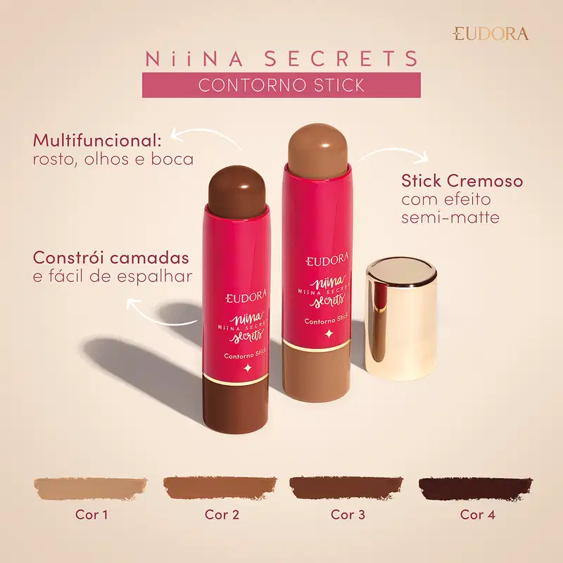 Card do Contorno Stick Niina Secrets. Temos dois produtos de cor diferente ao centro e ao redor os claims: Multifuncional (rosto, olhos e boca); Efeito semi-matte; Constrói camadas e fácil de espalhar. Abaixo, temos 4 texturas de cores diferentes.