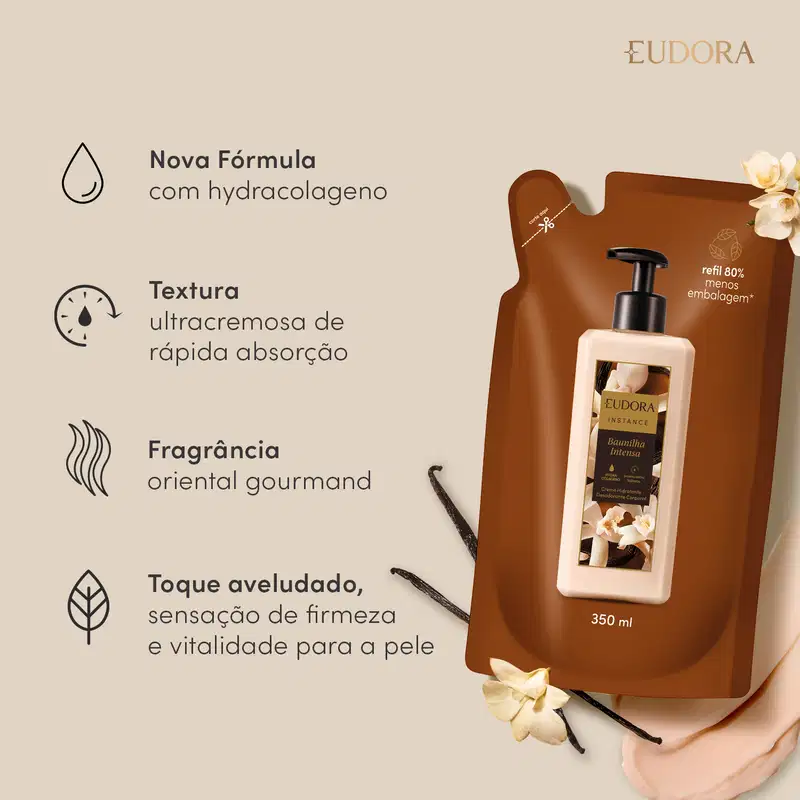 Produto do lado direito com elementos de baunilha. Do lado esquerdo, o texto: Nova Fórmula com hydrocolageno, Textura ultracremosa de rápida absorção, Fragrância oriental gourmand, Toque aveludado, sensação de firmeza e vitalidade para a pele.