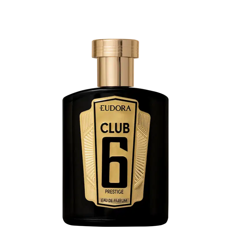Frasco de perfume Eudora Club 6 Prestige, com embalagem preta e dourada, destacando o número 6 e a palavra "Prestige" em letras douradas.