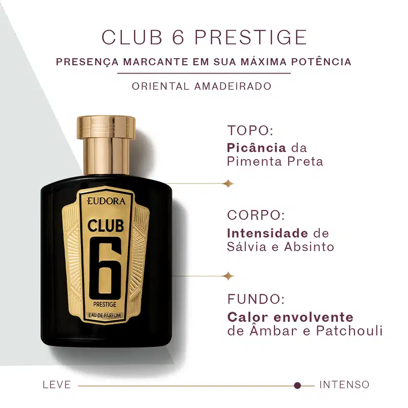 CLUB 6 PRESTIGE
PRESENÇA MARCANTE EM SUA MÁXIMA POTÊNCIA
ORIENTAL AMADEIRADO
TOPO: Picância da Pimenta Preta
CORPO: Intensidade de Sálvia e Absinto
FUNDO: Calor envolvente de Âmbar e Patchouli