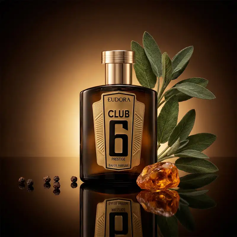 Ambiente elegante e sofisticado com frasco de perfume da marca Eudora Club 6 Prestige, rodeado por folhas verdes e pedras âmbar, em um fundo dourado e escuro, sugerindo um contexto de luxo e exclusividade.