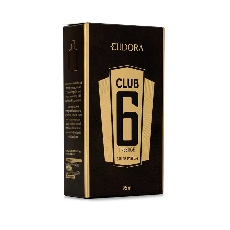 Caixa preta e dourada de perfume da linha Club 6 da marca Eudora, com rótulo destacando o nome "Club 6 Prestige" e informações sobre o produto em 95 ml.