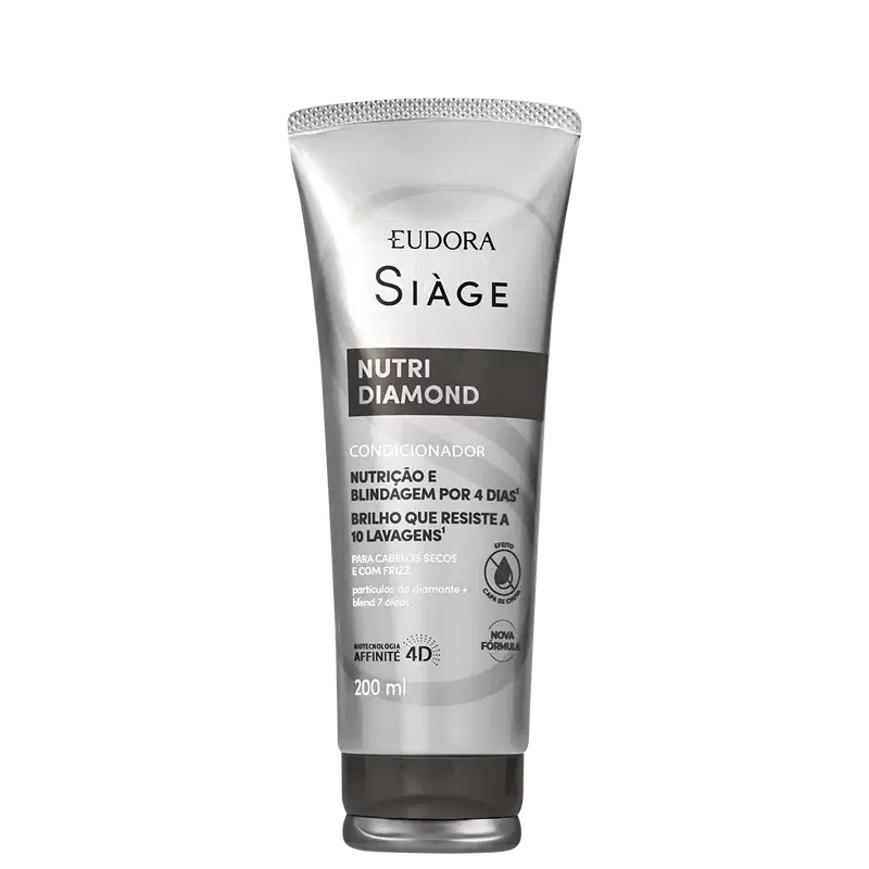 Frasco de condicionador Siàge Nutri Diamond, com embalagem de plástico transparente e rótulo em preto e branco. Destaca a nutrição e blindagem por 4 dias, além de brilho que resiste a 10 lavagens, para cabelos secos e com frizz.