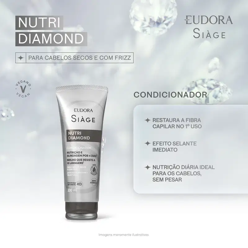 Condicionador Nutri Diamond da marca Siàge, em embalagem de tubo plástico cinza, com destaque para os benefícios de nutrição e brilho para cabelos secos e com frizz.