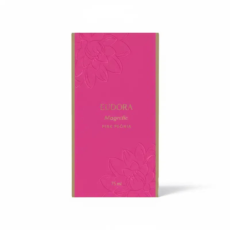 Caixa do desodorante colônia Eudora Magnific na cor rosa vibrante, com estampa de flores em relevo. Rótulo com o nome do produto "Pink Peonia" e volume de 75 ml.