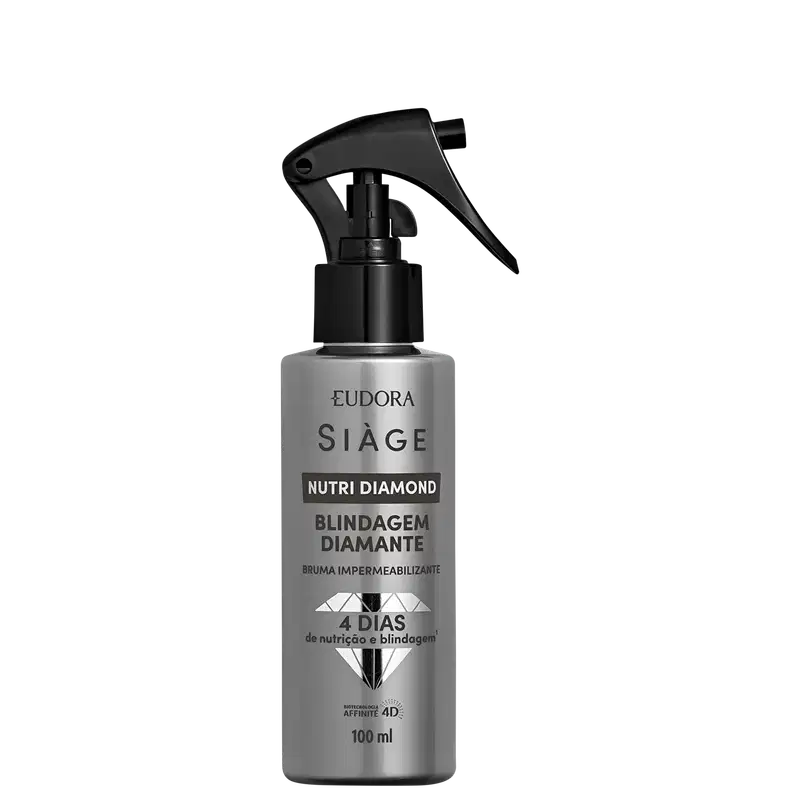 Frasco preto e cinza da linha Siàge Nutri Diamond, contendo bruma impermeabilizante com 100 ml. Rótulo com nome do produto "Blindagem Diamante" e informações sobre nutrição e blindagem por 4 dias.