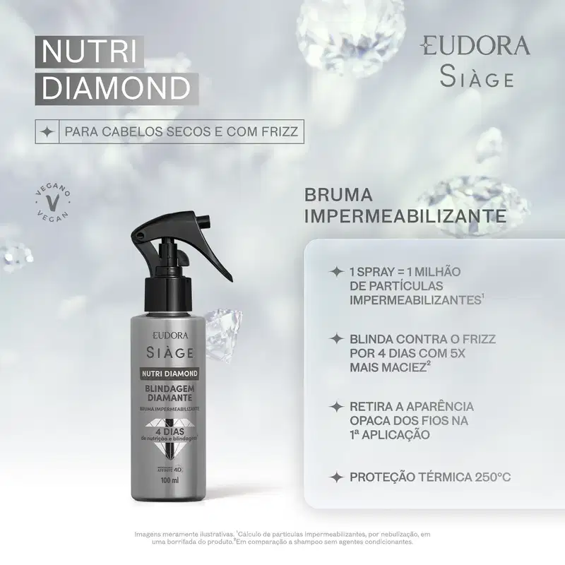 O produto Nutri Diamond da marca Siàge é apresentado em um ambiente de fundo claro, com destaque para o frasco do produto e informações sobre suas propriedades de proteção térmica e redução do frizz dos cabelos.