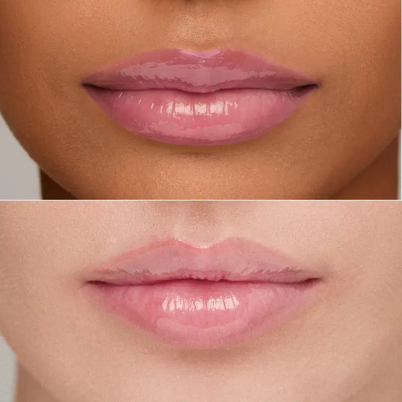 Imagem em close de duas modelos, mostrando o efeito do Gloss Labial: Lábios rosados com brilho, em primeiro plano, sobre fundo neutro.
