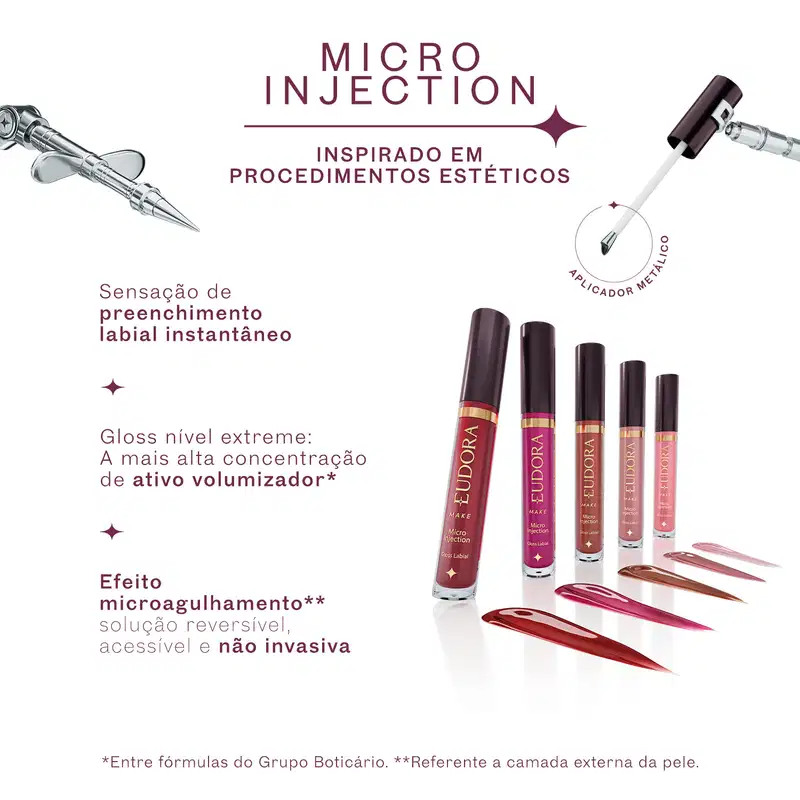 Produto de beleza Eudora Make: Micro Injection, um gloss labial em embalagem de frasco plástico vermelho com detalhes dourados, contendo um aplicador de haste branca.