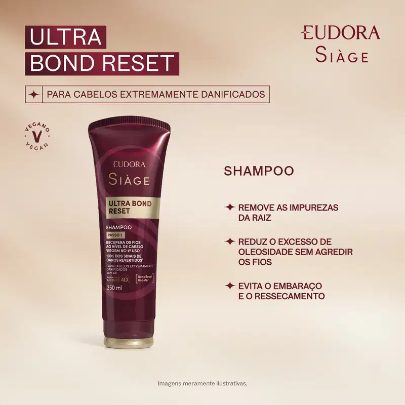 Card de benefícios do Shampoo Siàge Ultra Bond Reset. Em texto: para cabelos extremamente danificados. Remove as impurezas da raiz; reduz o excesso de oleosidade sem agredir os fios; evita o embaraço e o ressecamento.