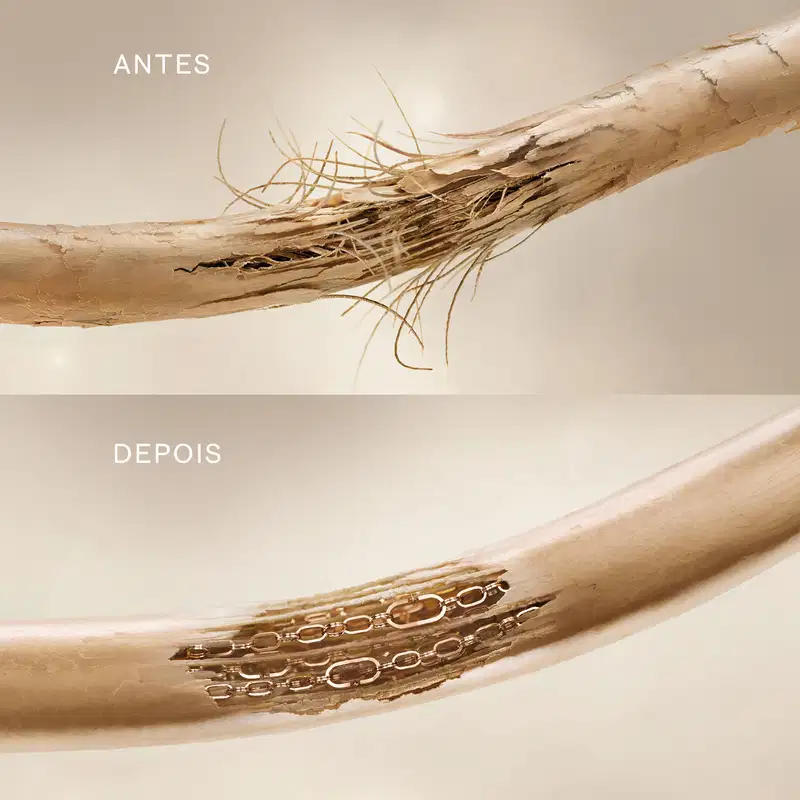 Imagem mostra uma comparação da situação do fio capilar, de antes e depois, após uso da linha Siàge Ultra Bond Reset, com as fibras capilares resetadas.