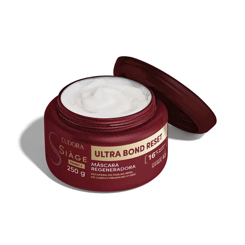 Pote de máscara regeneradora da marca Siàge, com tampa vermelha escura, rótulo com texto "Ultra Bond Reset" em dourado, contendo 250g do produto.
