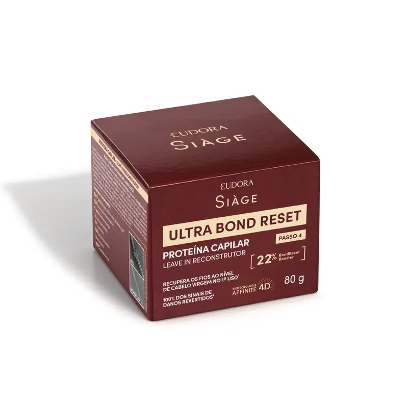 Caixa vinho da linha Siàge contendo produto capilar Ultra Bond Reset com proteína capilar, para recuperação de cabelos danificados, com texto informativo sobre o produto.