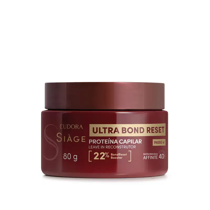 Pote de tratamento capilar da marca Siàge, na cor vinho-avermelhada, com rótulo destacando "Ultra Bond Reset" e "Proteína Capilar" como benefícios.