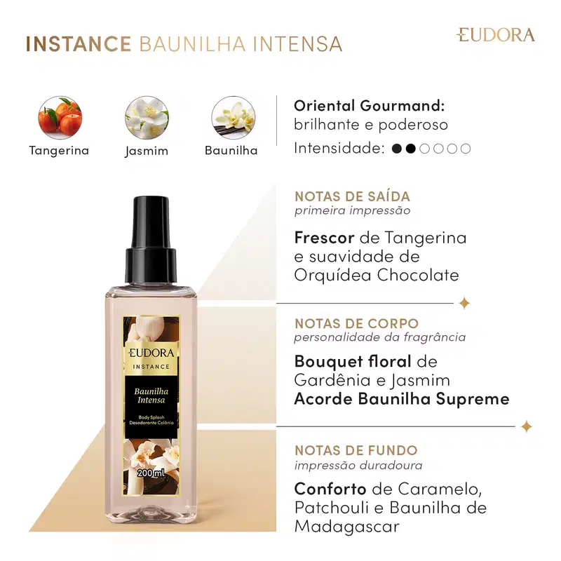 Card com pirâmide olfativa de Instance Baunilha Intensa: Oriental Gourmand, brilhante e poderoso. Intensidade: 2 de 5 estrelas. São descritas as notas de saída, de corpo e de fundo. Imagem dos itens Tangerina, Jasmim e Baunilha para corresponder.