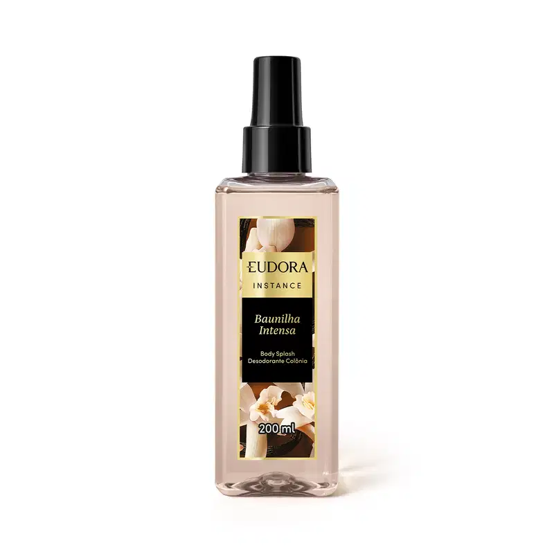Frasco de 200 ml do body splash desodorante colônia Eudora Instance, com rótulo em preto e amarelo destacando a fragrância "Baunilha Intensa".