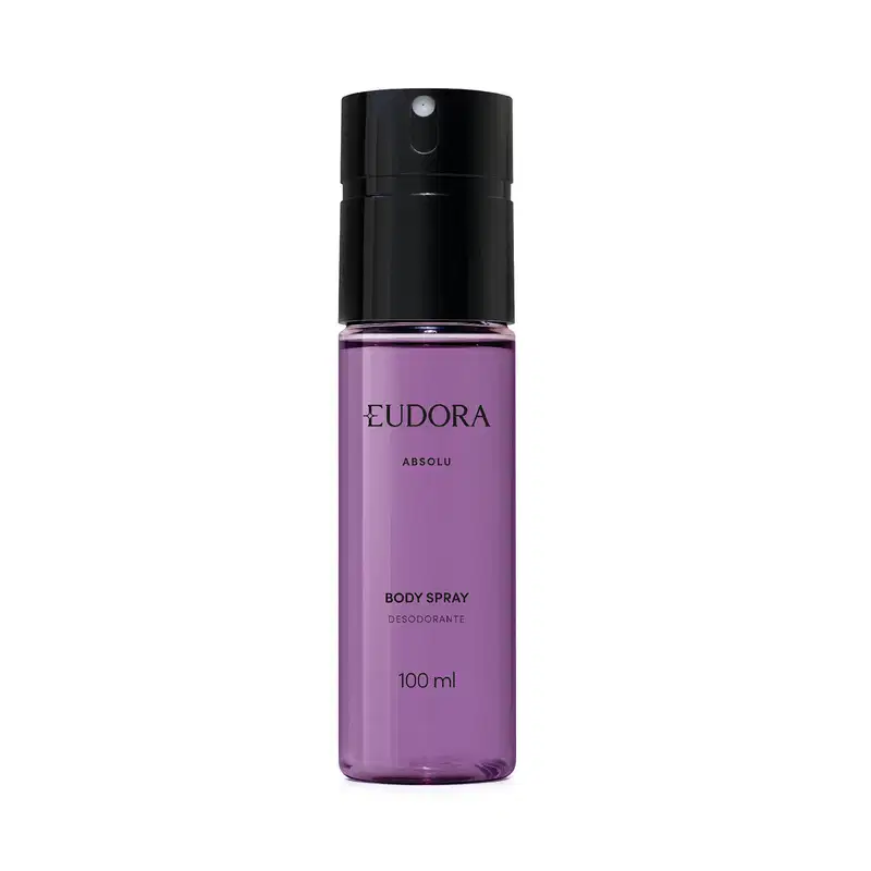 Frasco transparente, com conteúdo roxo claro, de item de perfumaria da marca Eudora. Na embalagem está escrito o nome "Absolu" e indicação de "Body Spray Desodorante" em texto preto. Em formato cilíndrico com tampa preta.