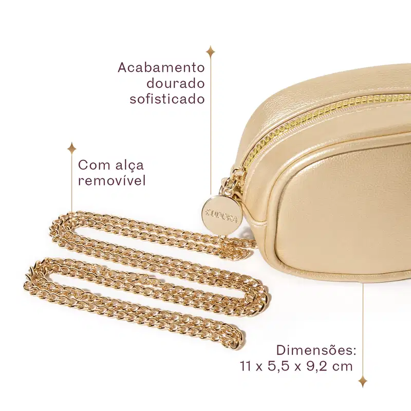 Bolsa clutch dourada com zíper, com alça removível. Possui acabamento sofisticado e detalhes em dourado. Dimensões: 11 x 5,5 x 9,2 cm. Produto com design elegante e moderno.