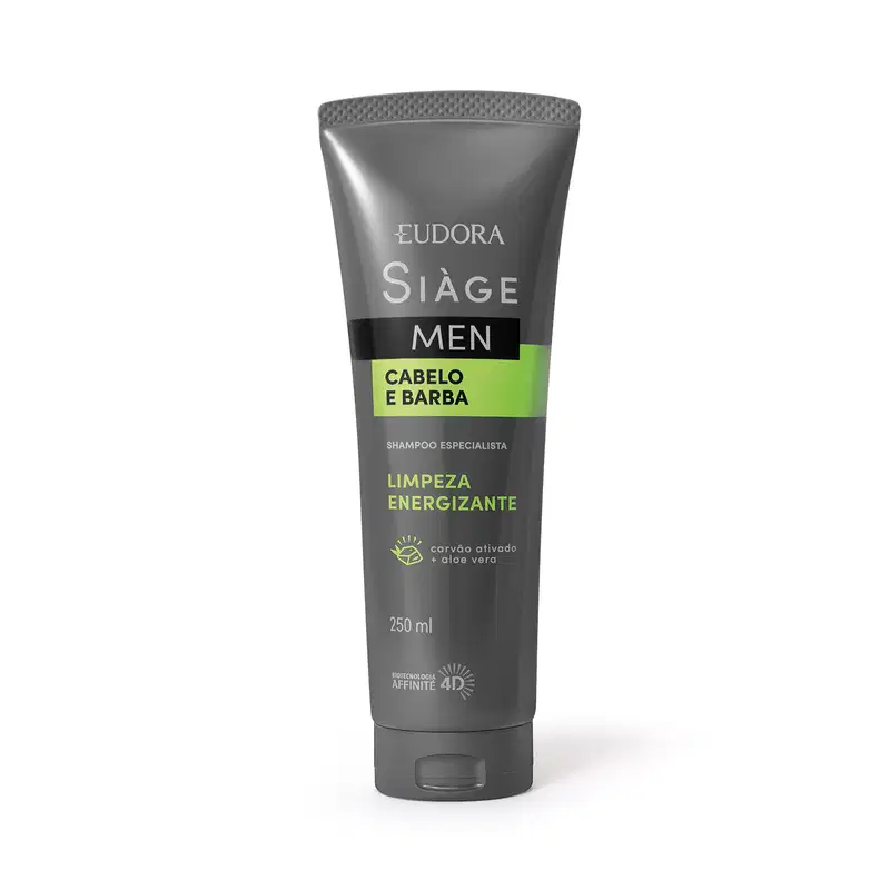 Frasco de shampoo masculino da marca Siàge, na cor cinza com detalhes verdes, com rótulo destacando "Cabelo e Barba" e "Limpeza Energizante".