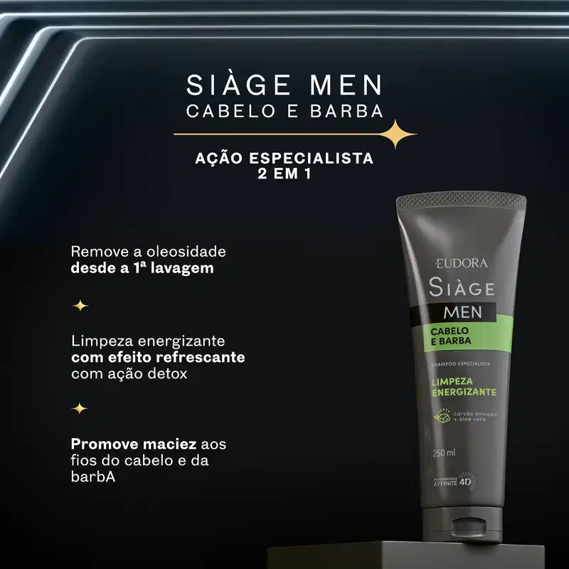 Embalagem de shampoo da marca Siàge Men com texto "Cabelo e Barba", "Ação especialista 2 em 1", "Remove a oleosidade desde a 1ª lavagem", "Limpeza energizante com efeito refrescante com ação detox" e "Promove maciez aos fios do cabelo e da barba".