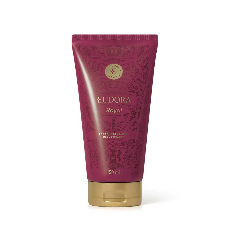 Tubo de loção hidratante desodorante da marca Eudora, na cor roxa com detalhes dourados, contendo 150 ml do produto. O rótulo apresenta o nome "Eudora Royal" em destaque.
