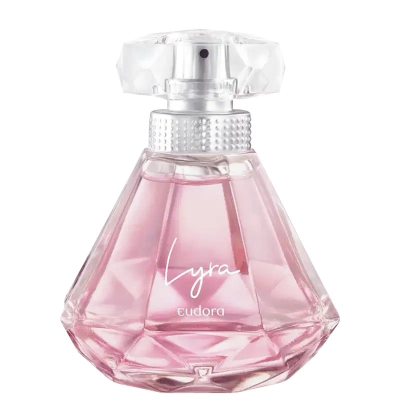 A imagem mostra o Desodorante Colônia Lyra, da marca Eudora, em frasco de vidro transparente com formato geométrico facetado como uma joia luxuosa. O líquido dentro é de cor rosa claro.