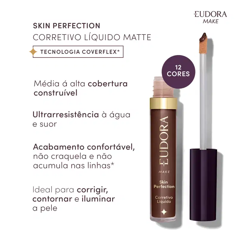 Texto: Skin Perfection Corretivo Líquido Matte. Tecnologia Coverflex, média à alta cobertura construível, ultrarresistência à água e suor, acabamento confortável, não craquela e não acumula nas linhas, ideal para corrigir, contornar e iluminar a pele.

