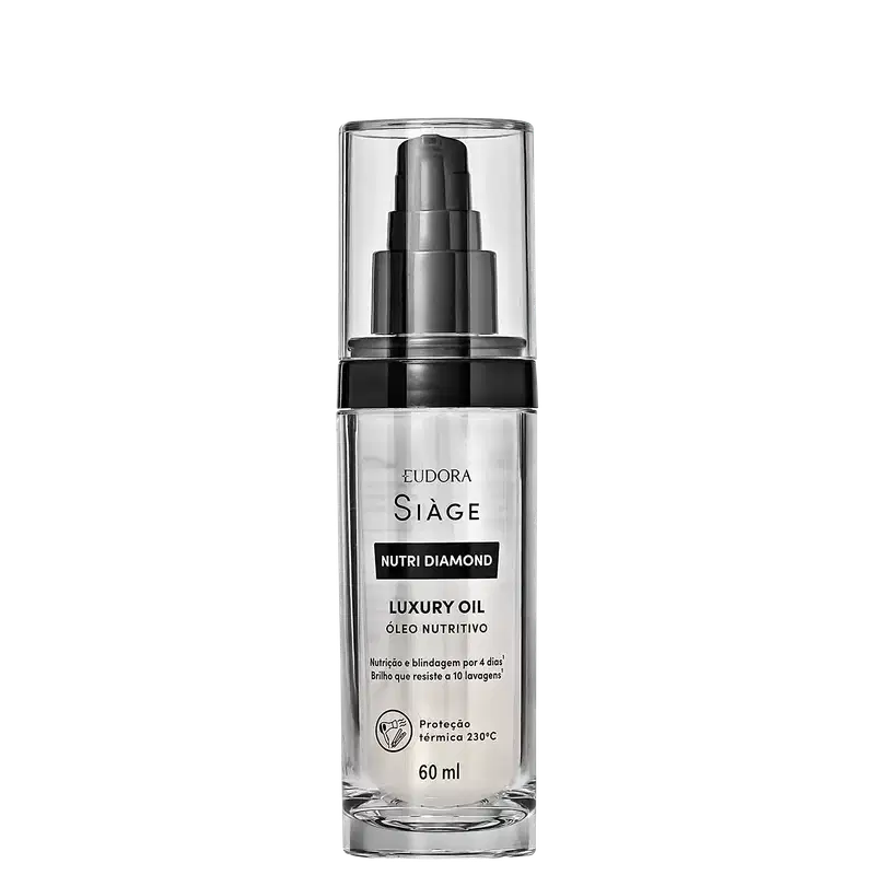 Frasco de vidro transparente contendo óleo nutritivo da linha Siàge Nutri Diamond, com rótulo preto e branco destacando o nome do produto e suas propriedades, como proteção térmica e brilho duradouro.