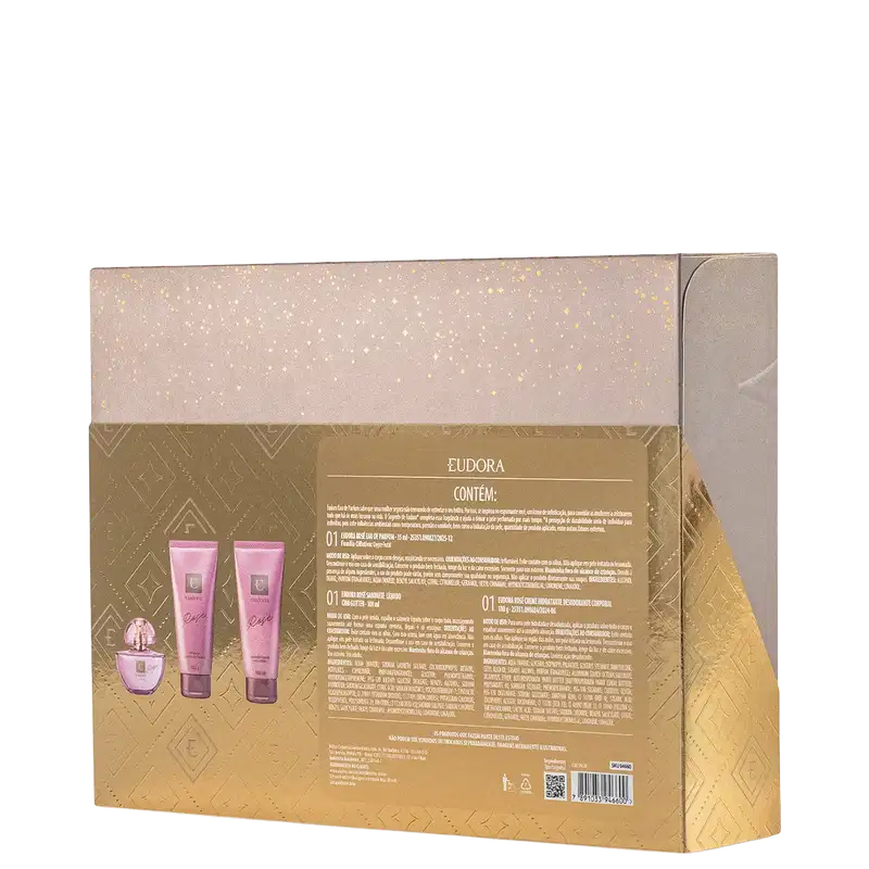 Kit Eudora com embalagem dourada contendo frasco de perfume rosa, dois tubos de loção corporal rosa e caixa de presente com acabamento glitter bege e detalhes geométricos.