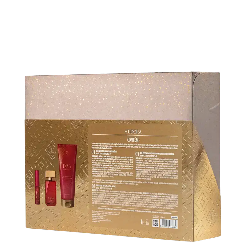 Kit Eudora Diva com três produtos em embalagem dourada e rosa: frasco de perfume vermelho, tubo de creme e miniatura. Caixa com padrão geométrico e detalhes em ouro.